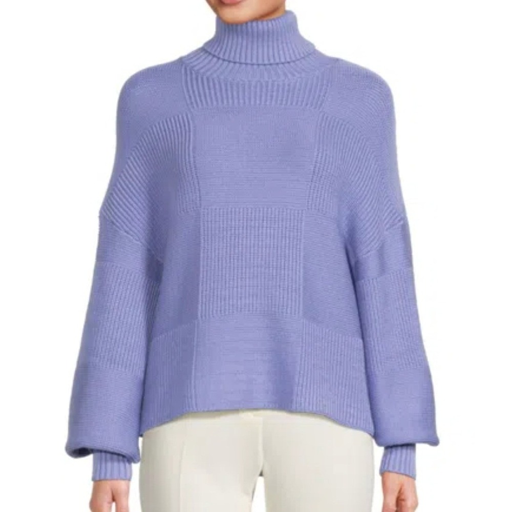 STAUD Sweater Womens XL Blue Patchwork Turtleneck Balloon Sleeve Oversized Knit
